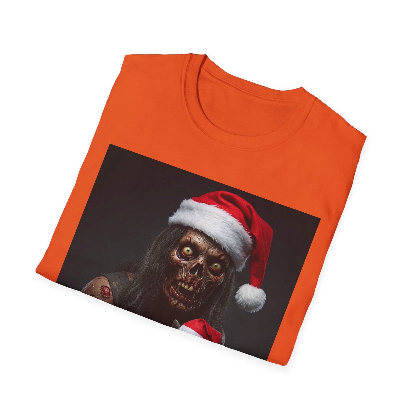 Festive Zombie and Cat Apocalyptic Portrait Tee, bold, decaying zombie graphic