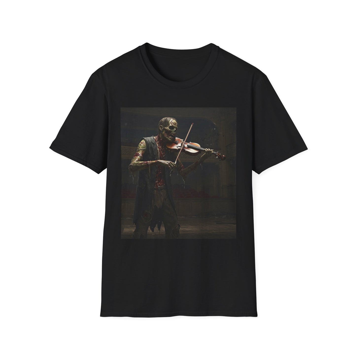 Vintage Zombie Violinist Apocalyptic Portrait Tee, bold, decaying zombie graphic