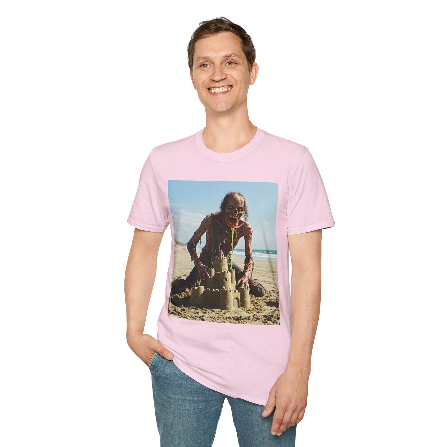 Zombie Sandcastle Unisex Softstyle T-Shirt | Fun Beach Horror Tee