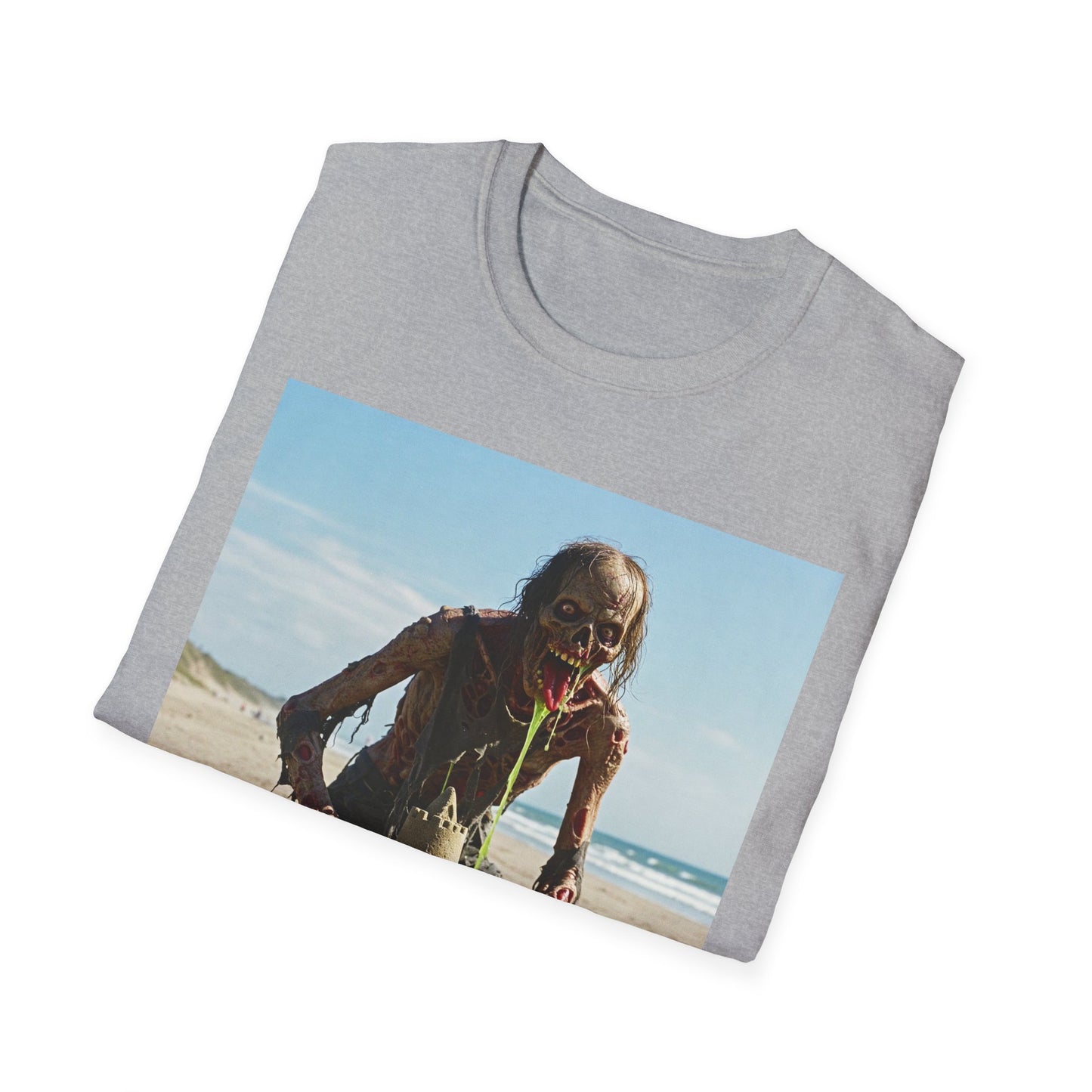 Zombie Sandcastle Unisex Softstyle T-Shirt | Fun Beach Horror Tee