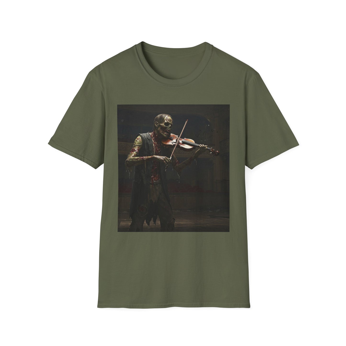 Vintage Zombie Violinist Apocalyptic Portrait Tee, bold, decaying zombie graphic