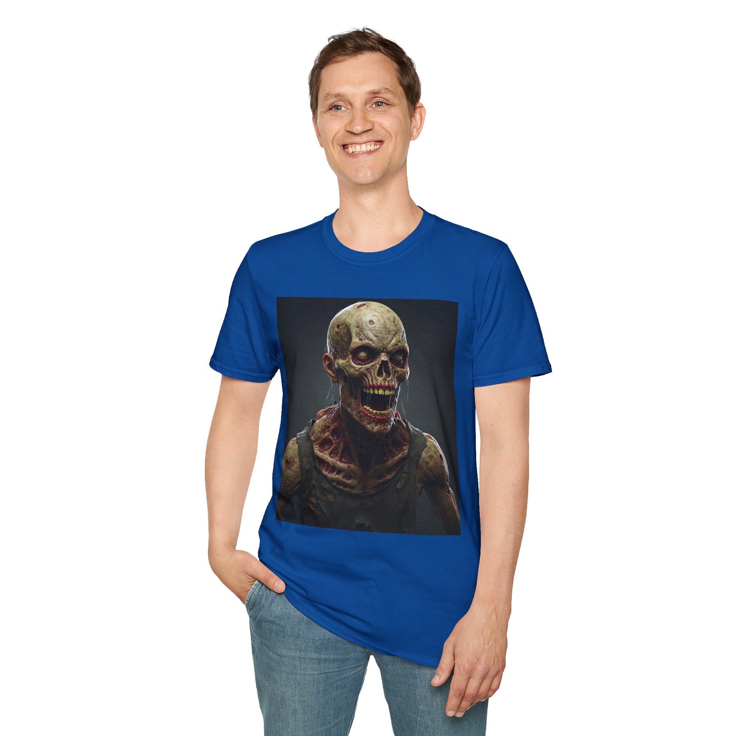 Unisex Softstyle T-Shirt with Creepy Zombie Graphic - Perfect for Halloween and Horror Fans