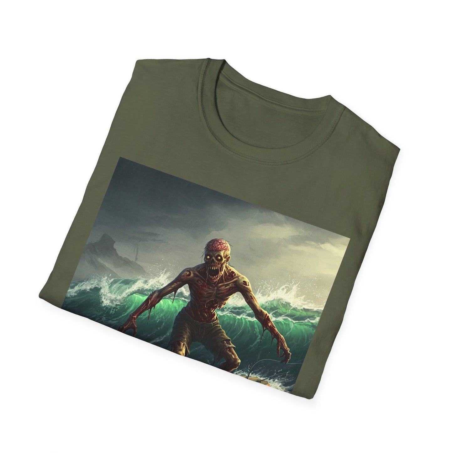 Zombie Surfer Apocalyptic Portrait Tee, bold, decaying zombie graphic