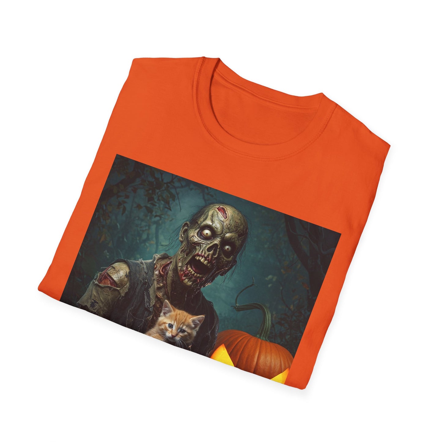 Spooky Cat and Zombie Unisex Softstyle T-Shirt for Halloween