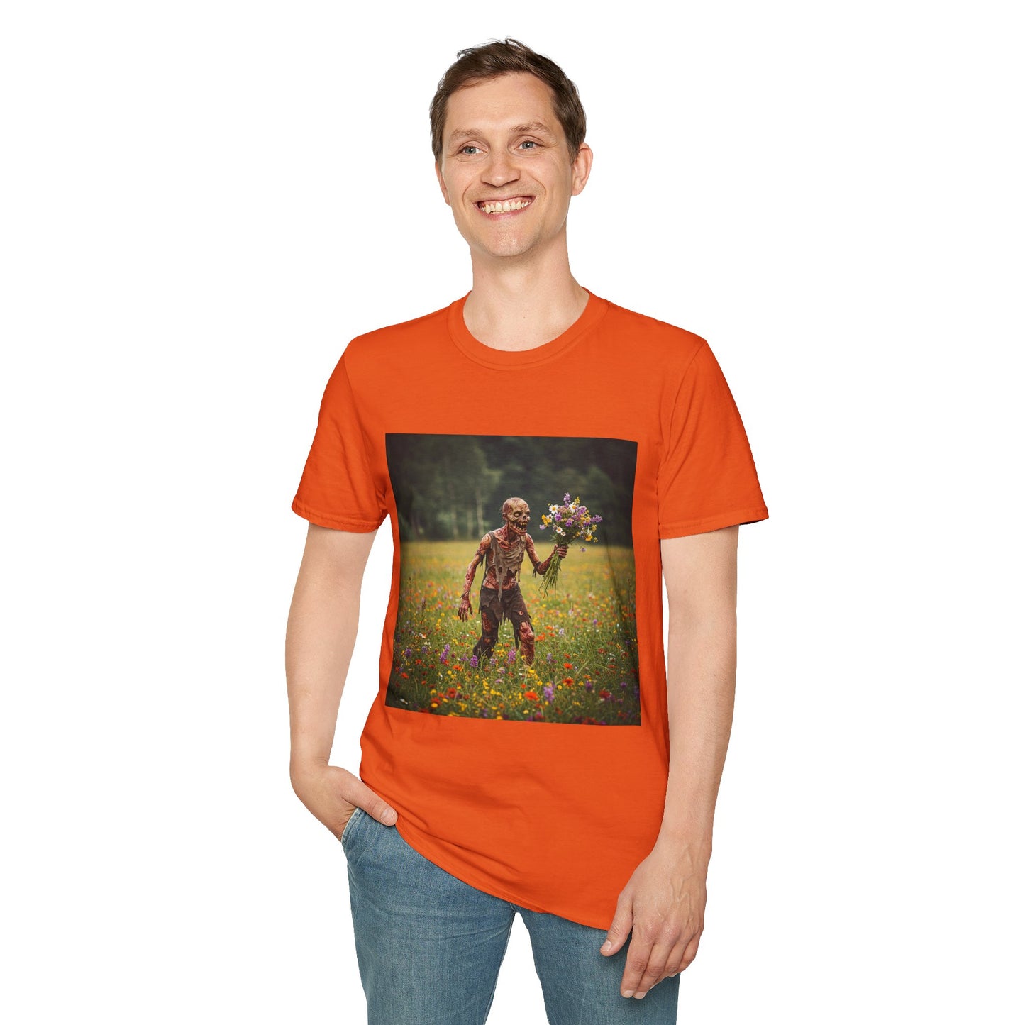 Zombie in Bloom Unisex Softstyle T-Shirt – Perfect for Halloween and Unique Gift Ideas