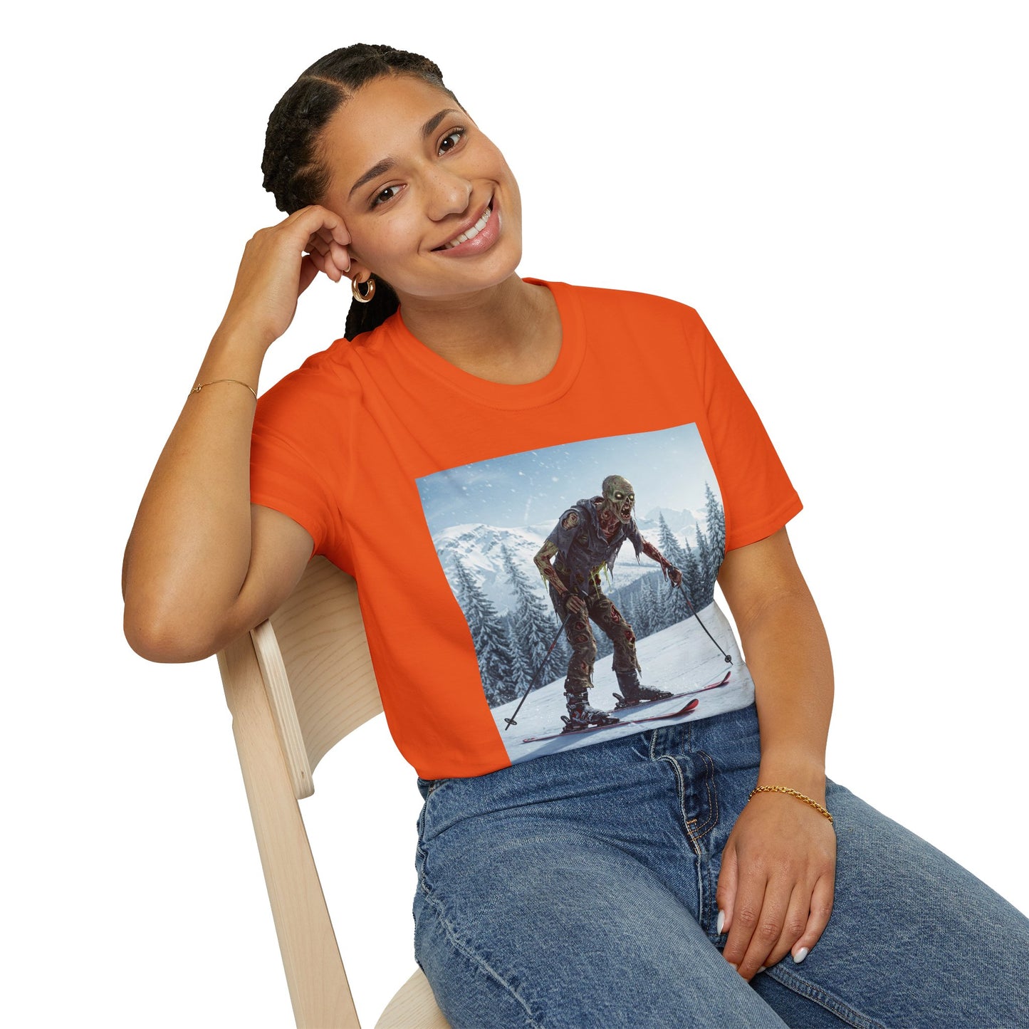 Skiing Zombie Unisex Softstyle T-Shirt - Perfect for Winter Fun & Halloween Enthusiasts