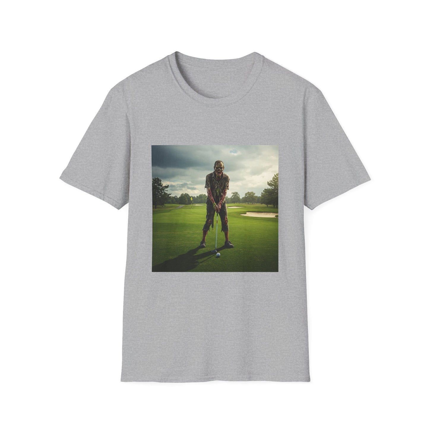 Inspirational Golf Swing Apocalyptic Portrait Tee, bold, decaying zombie graphic