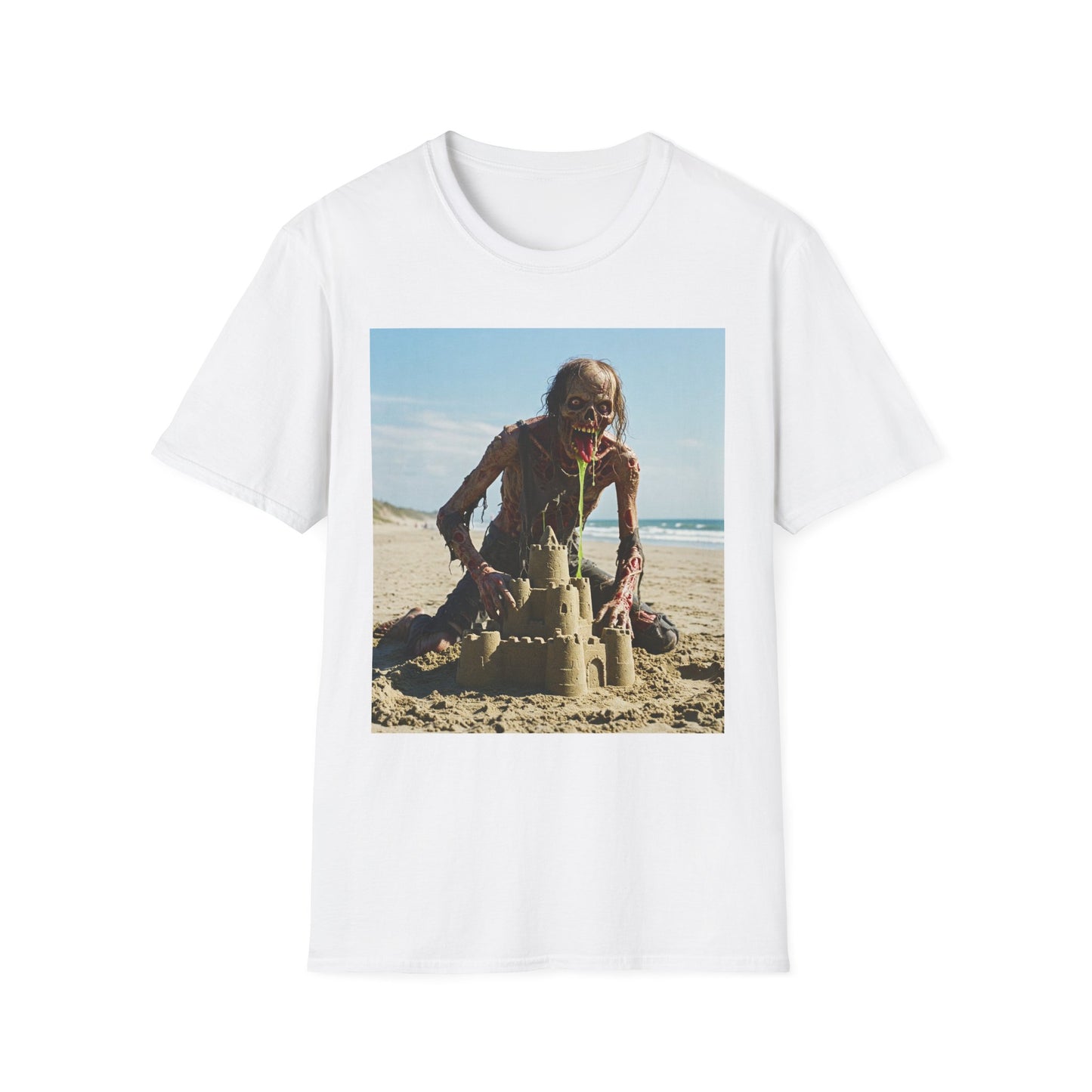 Zombie Sandcastle Unisex Softstyle T-Shirt | Fun Beach Horror Tee