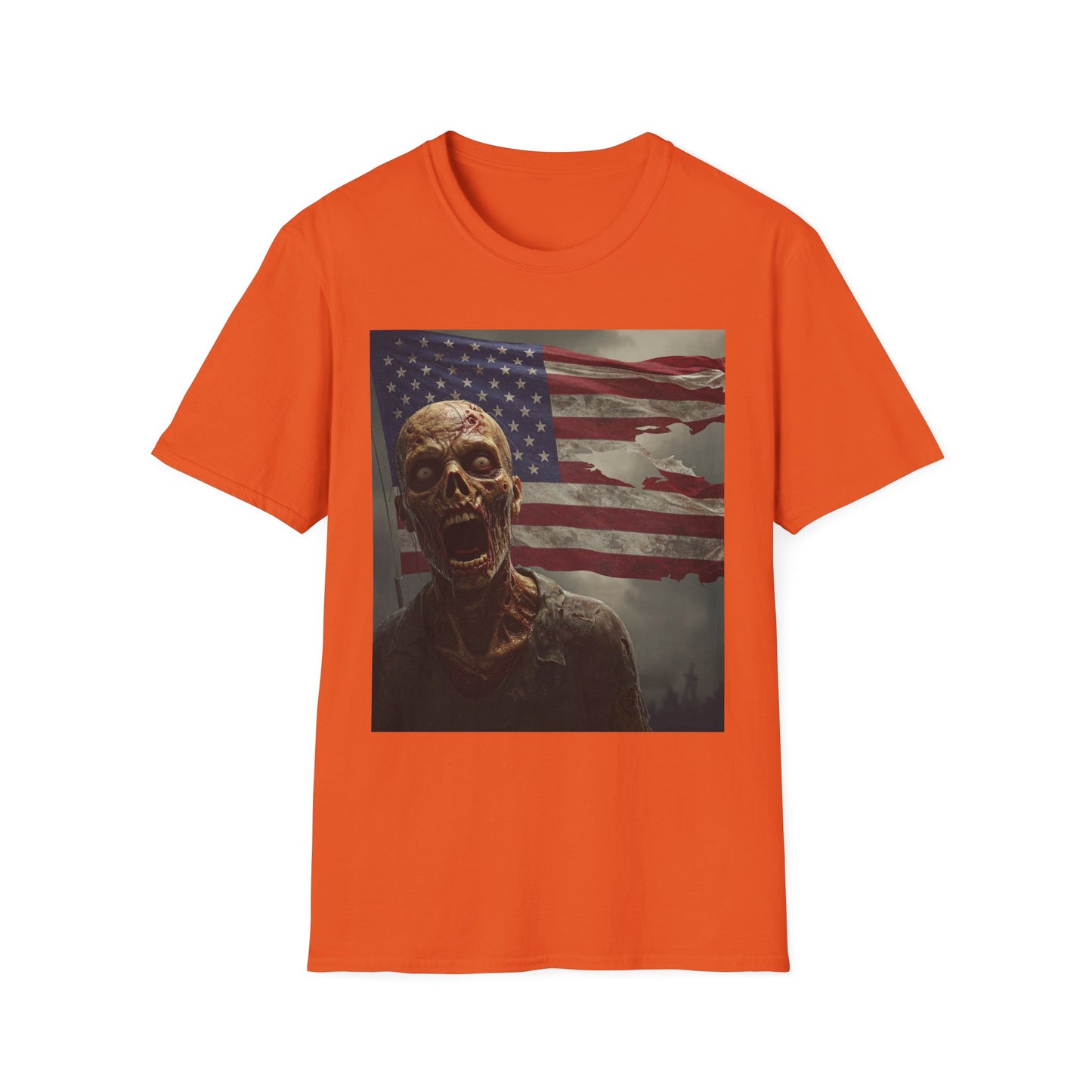 Zombie American Flag Apocalyptic Portrait Tee, bold, decaying zombie graphic