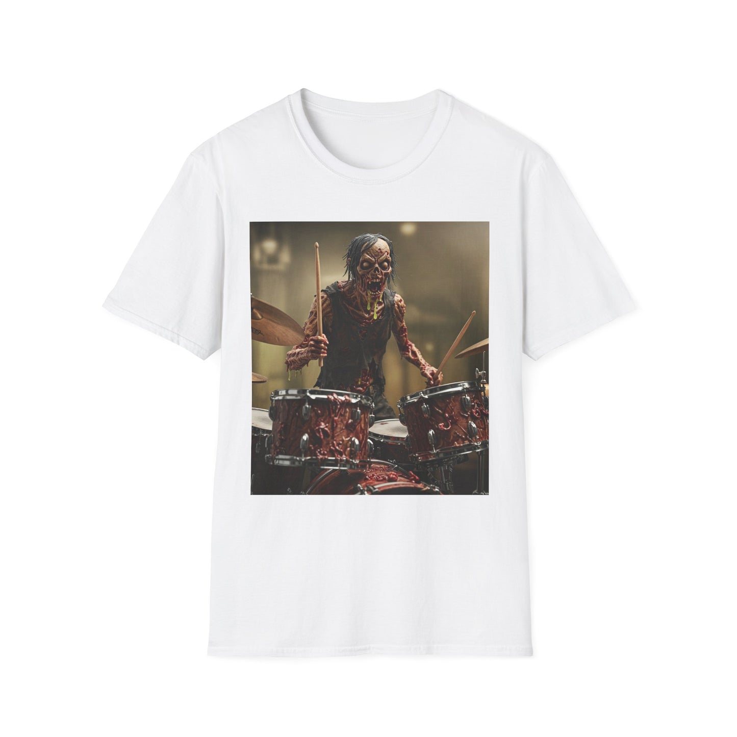 Zombie Drummer Unisex Softstyle T-Shirt - Perfect for Music Lovers and Halloween