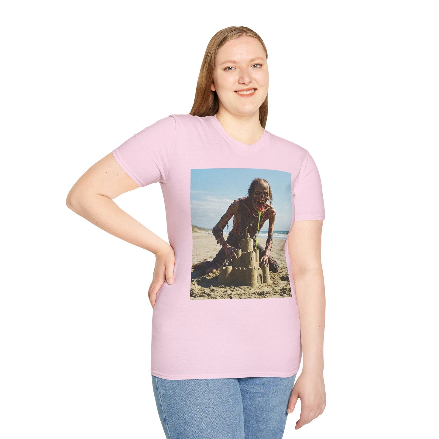 Zombie Sandcastle Unisex Softstyle T-Shirt | Fun Beach Horror Tee