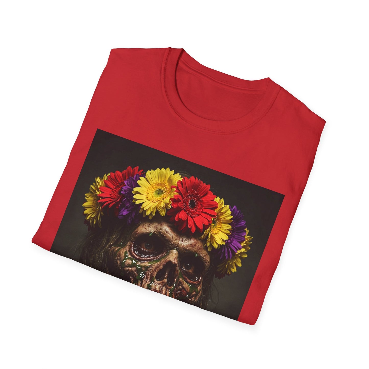 Day of the Dead Floral Skull Apocalyptic Portrait Tee, bold, decaying zombie graphic