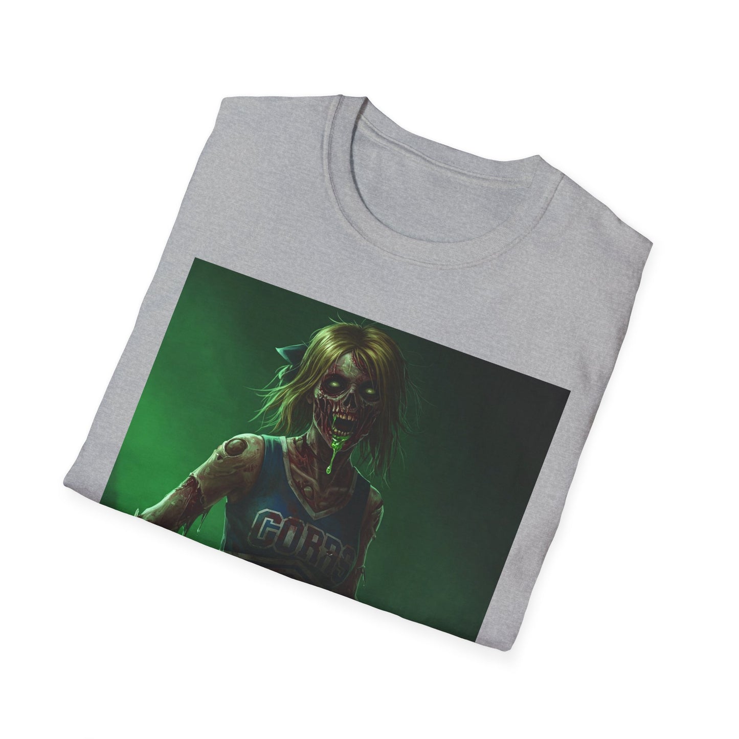 Zombie Cheerleader Apocalyptic Portrait Tee, bold, decaying zombie graphic