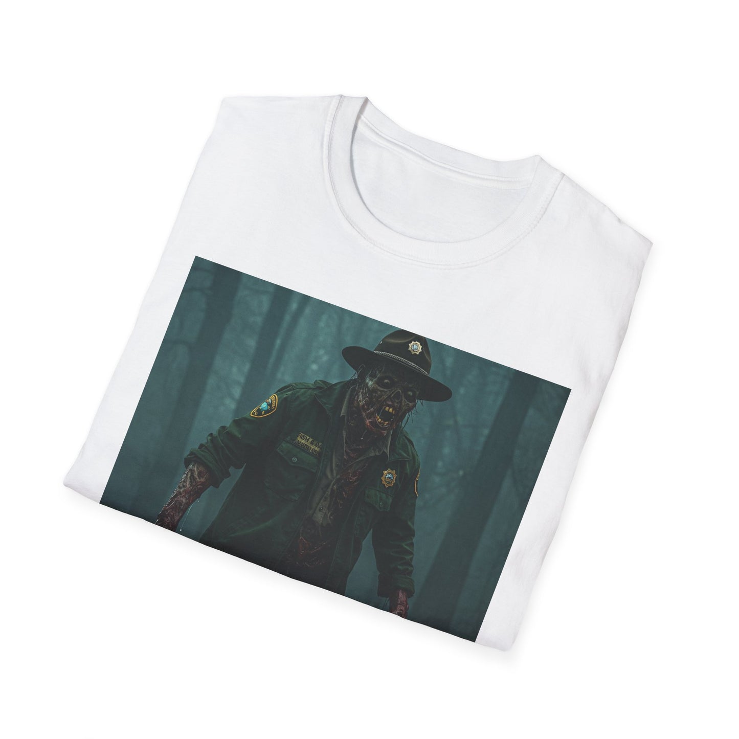 Creepy Forest Ranger Unisex Softstyle T-Shirt - Perfect for Halloween & Horror Fans