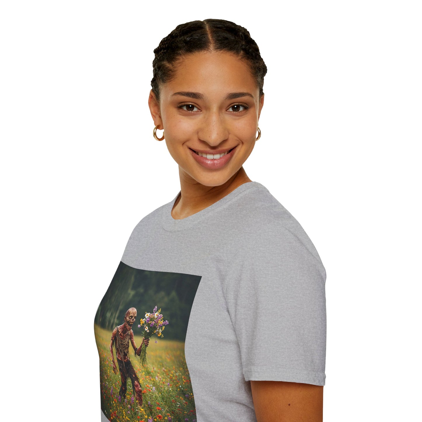 Zombie in Bloom Unisex Softstyle T-Shirt – Perfect for Halloween and Unique Gift Ideas