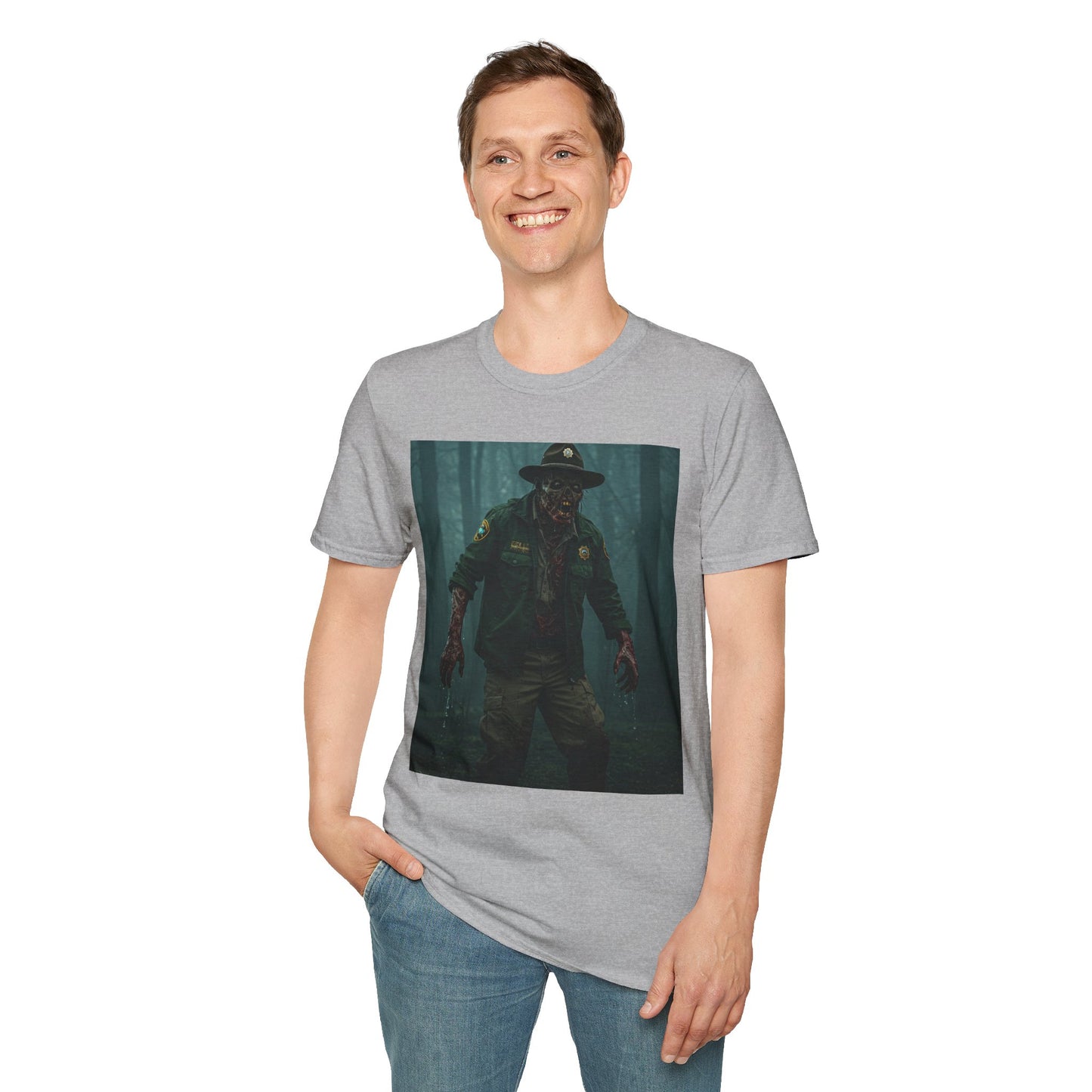 Creepy Forest Ranger Unisex Softstyle T-Shirt - Perfect for Halloween & Horror Fans