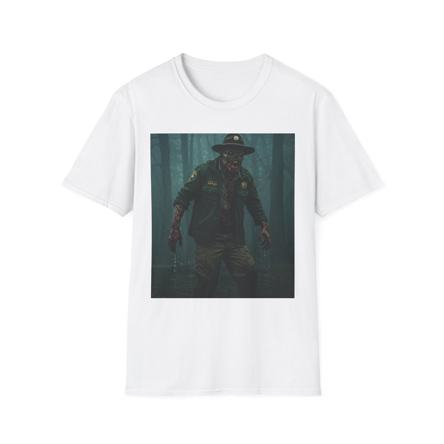 Creepy Forest Ranger Unisex Softstyle T-Shirt - Perfect for Halloween & Horror Fans