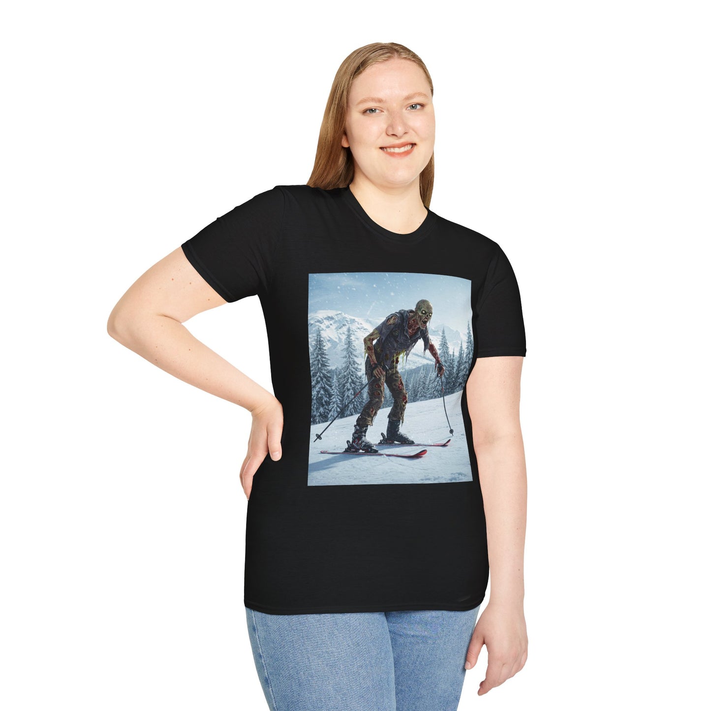 Skiing Zombie Unisex Softstyle T-Shirt - Perfect for Winter Fun & Halloween Enthusiasts