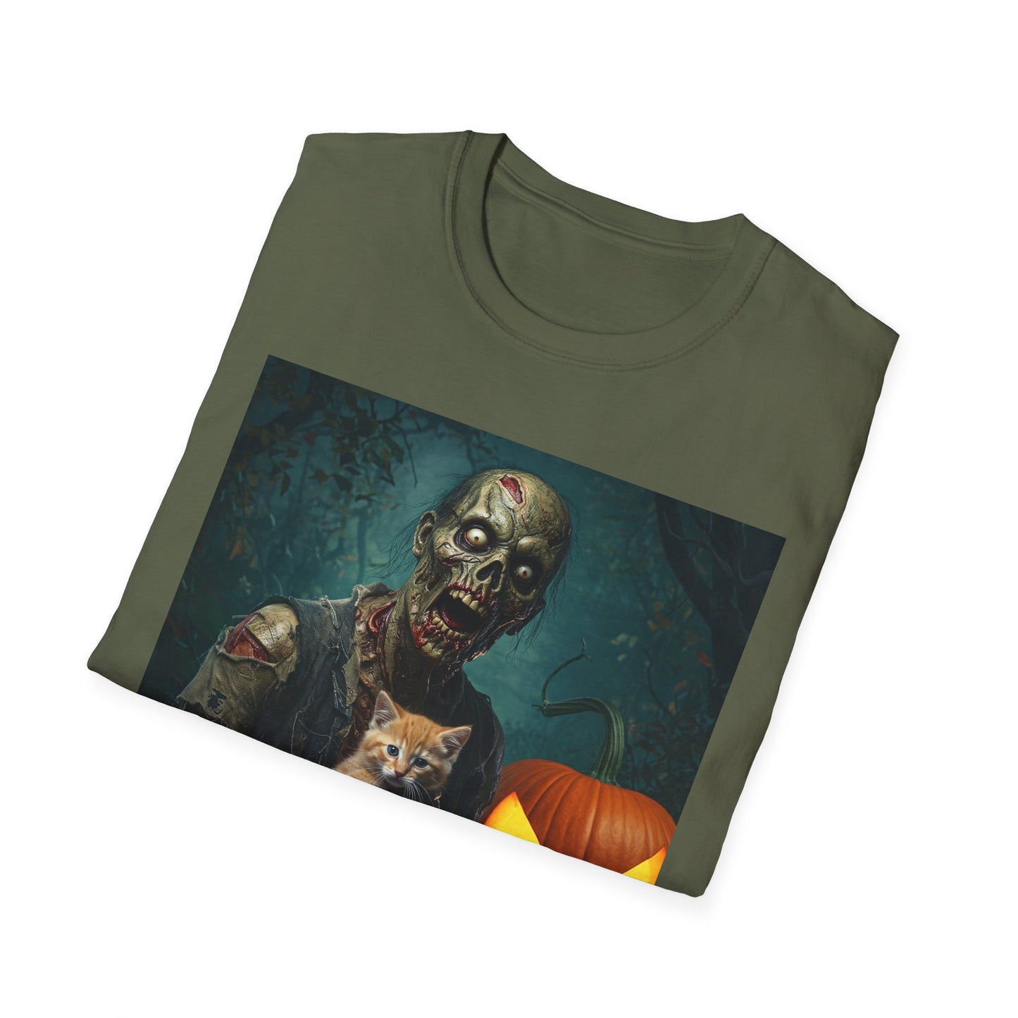 Spooky Cat and Zombie Unisex Softstyle T-Shirt for Halloween