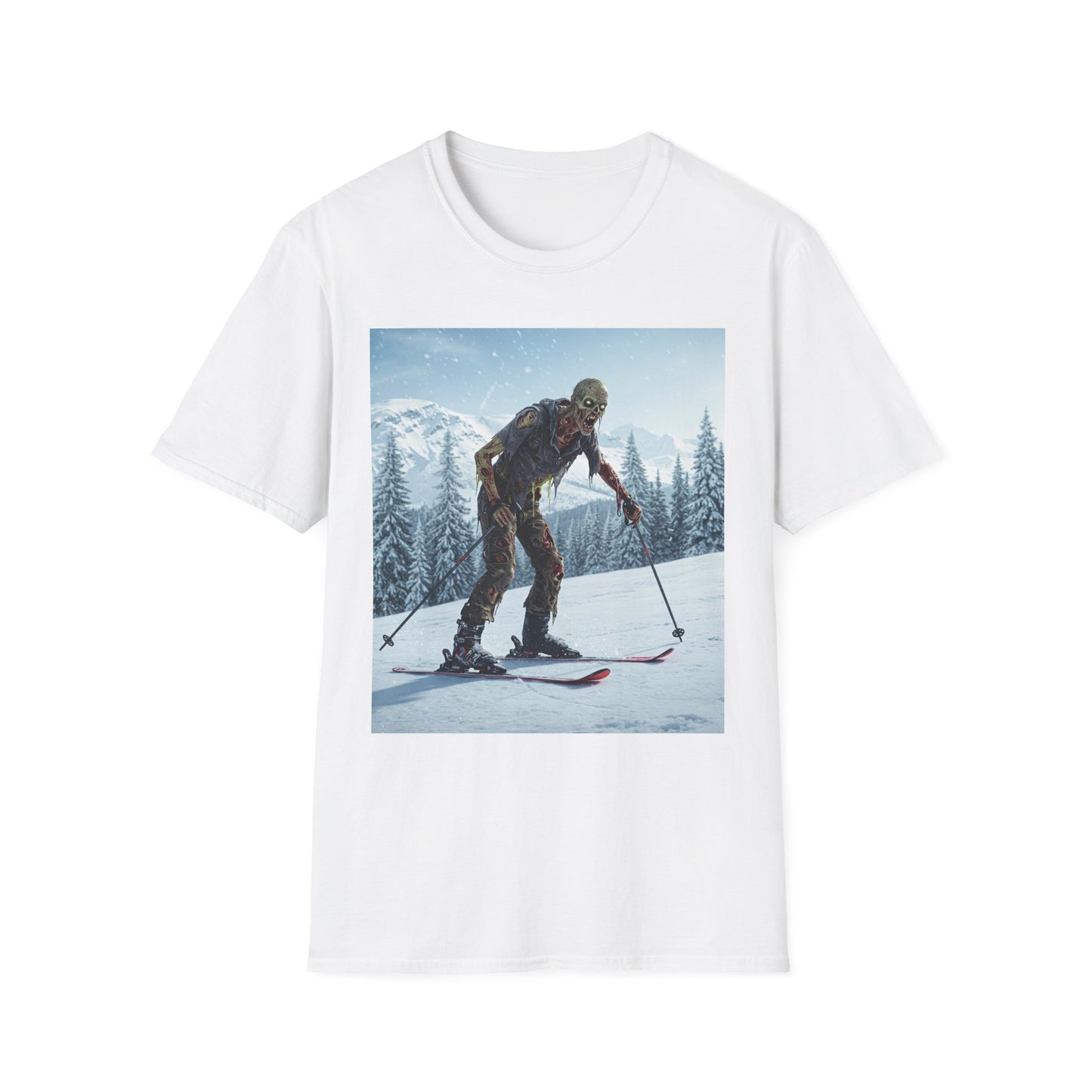 Skiing Zombie Unisex Softstyle T-Shirt - Perfect for Winter Fun & Halloween Enthusiasts