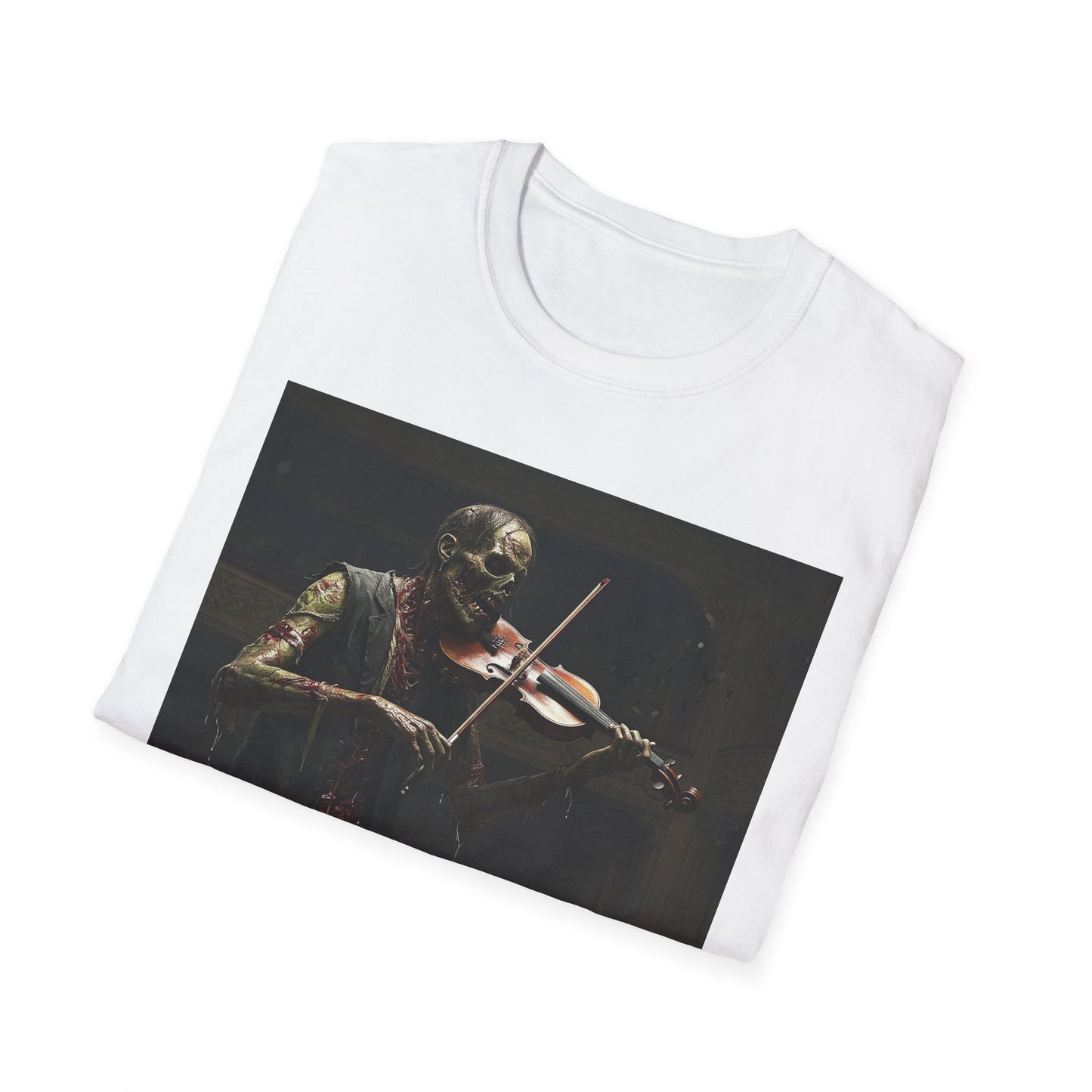 Vintage Zombie Violinist Apocalyptic Portrait Tee, bold, decaying zombie graphic