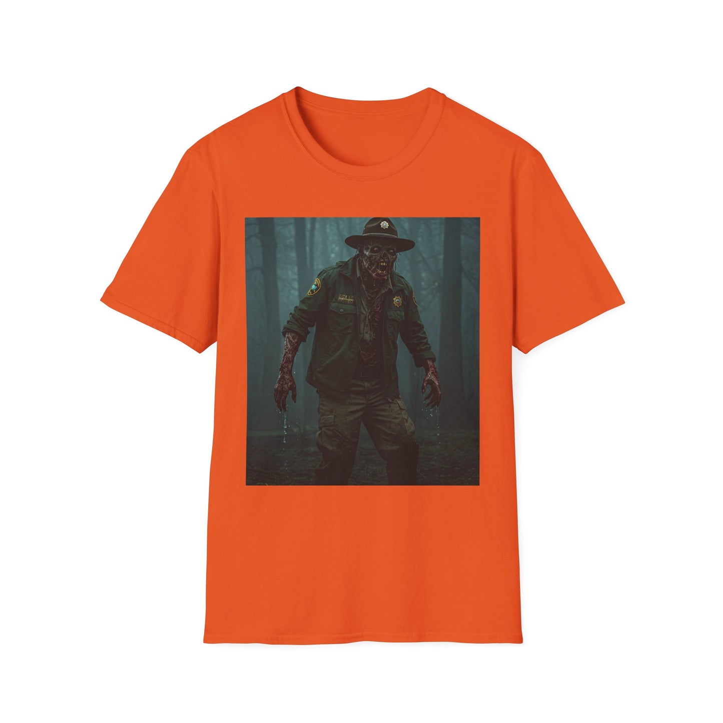 Creepy Forest Ranger Unisex Softstyle T-Shirt - Perfect for Halloween & Horror Fans