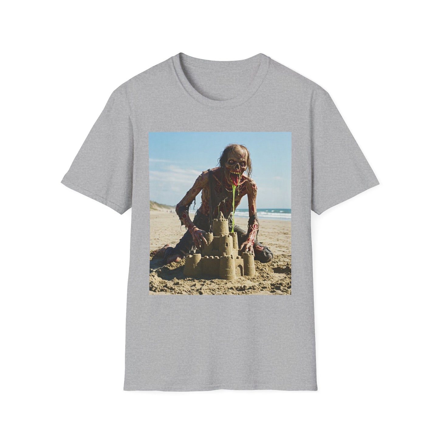 Zombie Sandcastle Unisex Softstyle T-Shirt | Fun Beach Horror Tee