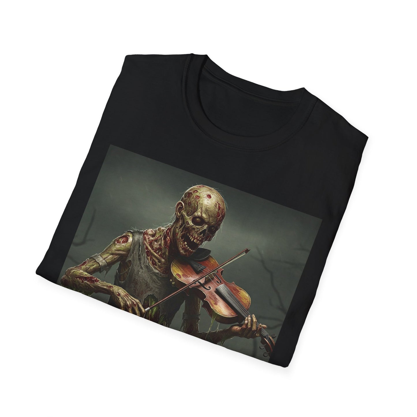 Spooky Zombie Violinist Apocalyptic Portrait Tee, bold, decaying zombie graphic