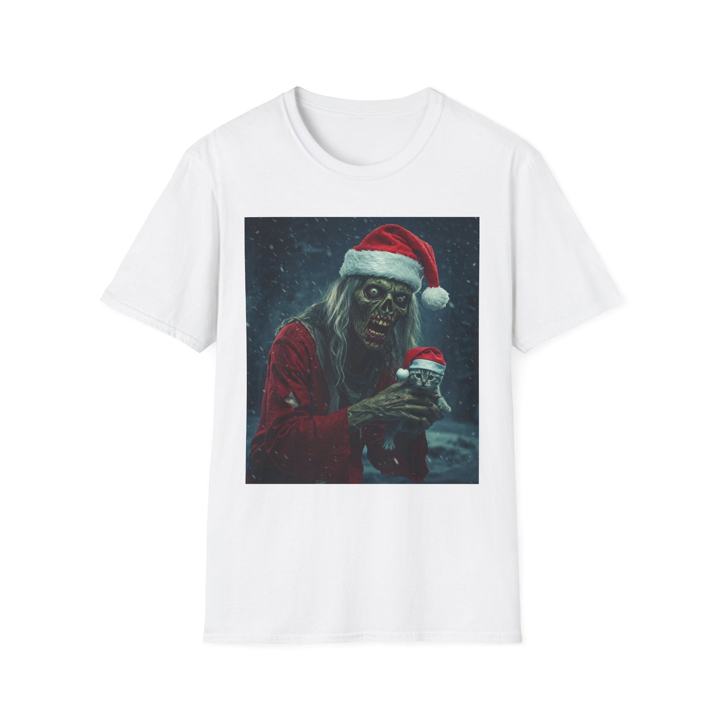 Festive Zombie Santa Apocalyptic Portrait Tee, bold, decaying zombie graphic