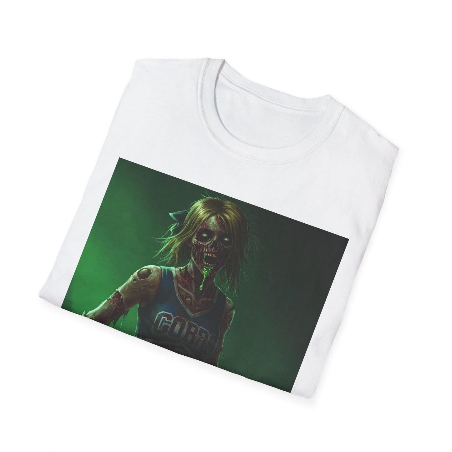 Zombie Cheerleader Apocalyptic Portrait Tee, bold, decaying zombie graphic