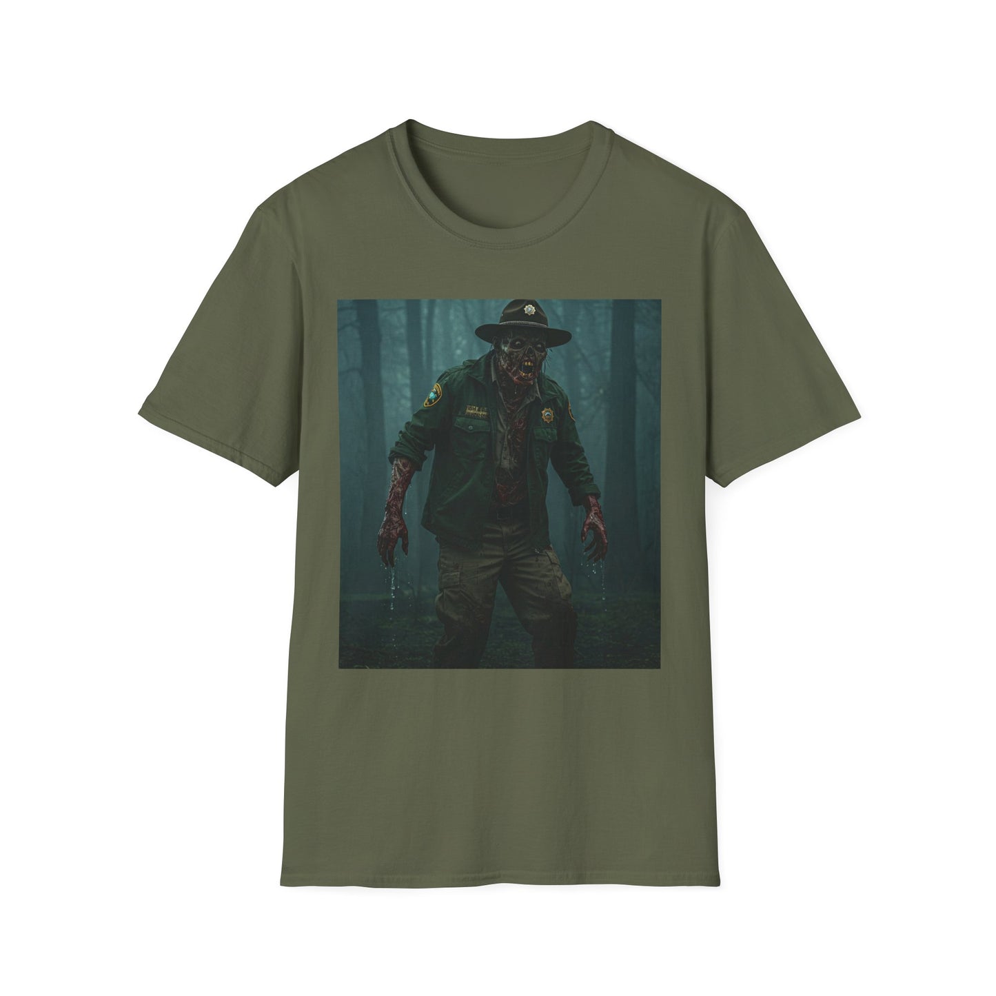 Creepy Forest Ranger Unisex Softstyle T-Shirt - Perfect for Halloween & Horror Fans