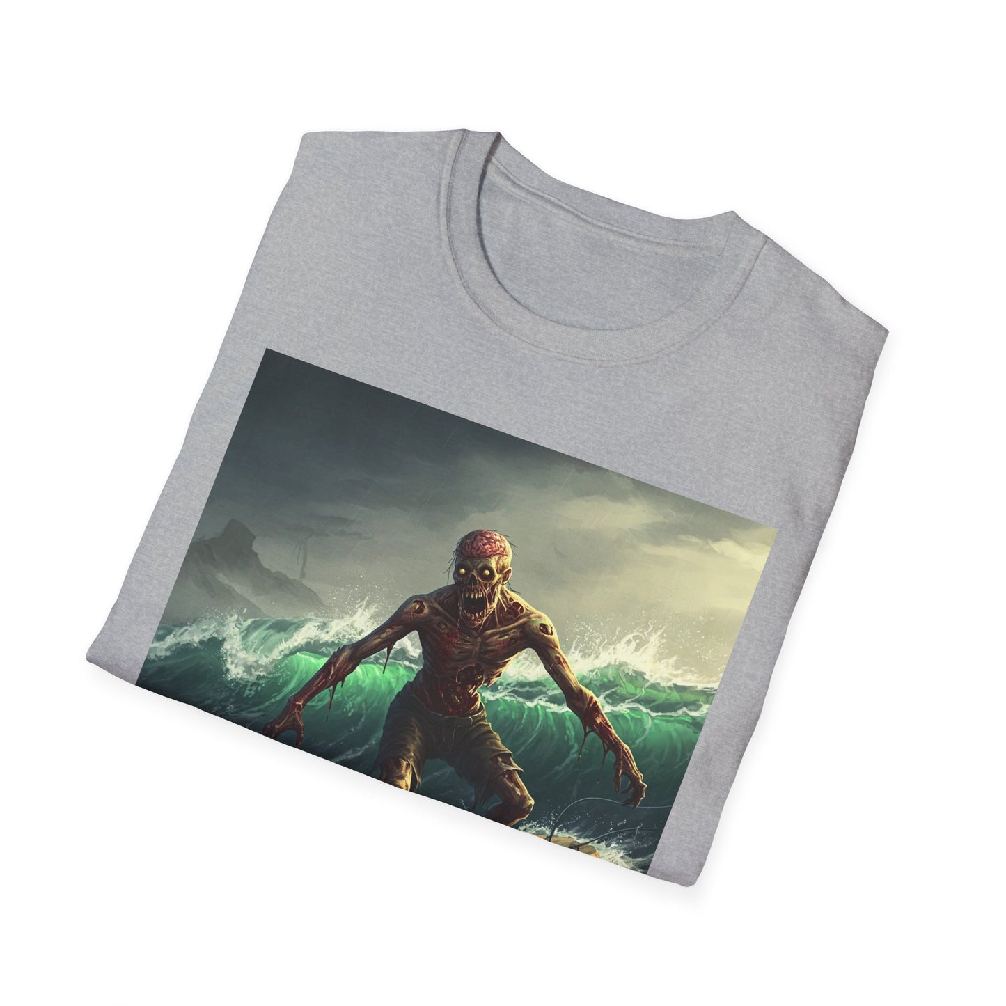 Zombie Surfer Apocalyptic Portrait Tee, bold, decaying zombie graphic