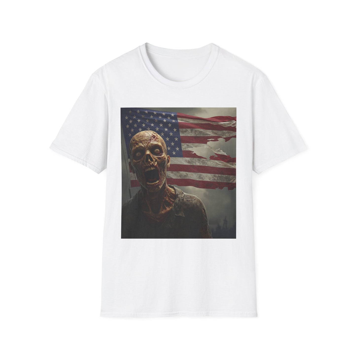 Zombie American Flag Apocalyptic Portrait Tee, bold, decaying zombie graphic