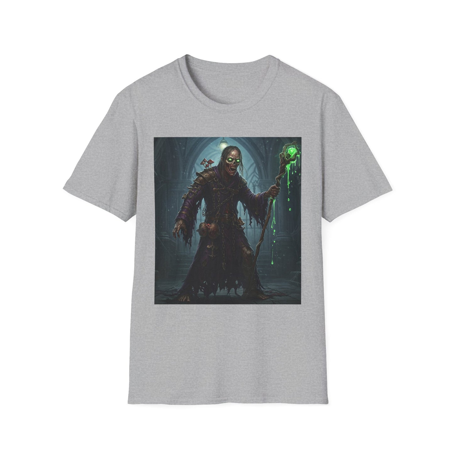 Spooky Sorcerer Apocalyptic Portrait Tee, bold, decaying zombie graphic