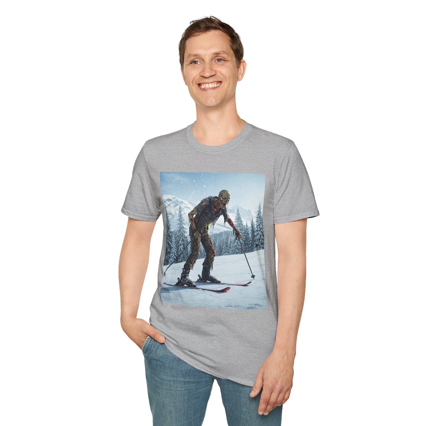 Skiing Zombie Unisex Softstyle T-Shirt - Perfect for Winter Fun & Halloween Enthusiasts