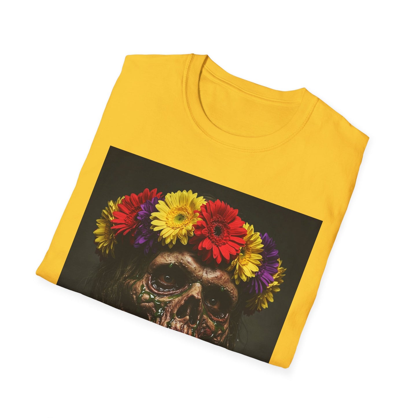 Day of the Dead Floral Skull Apocalyptic Portrait Tee, bold, decaying zombie graphic