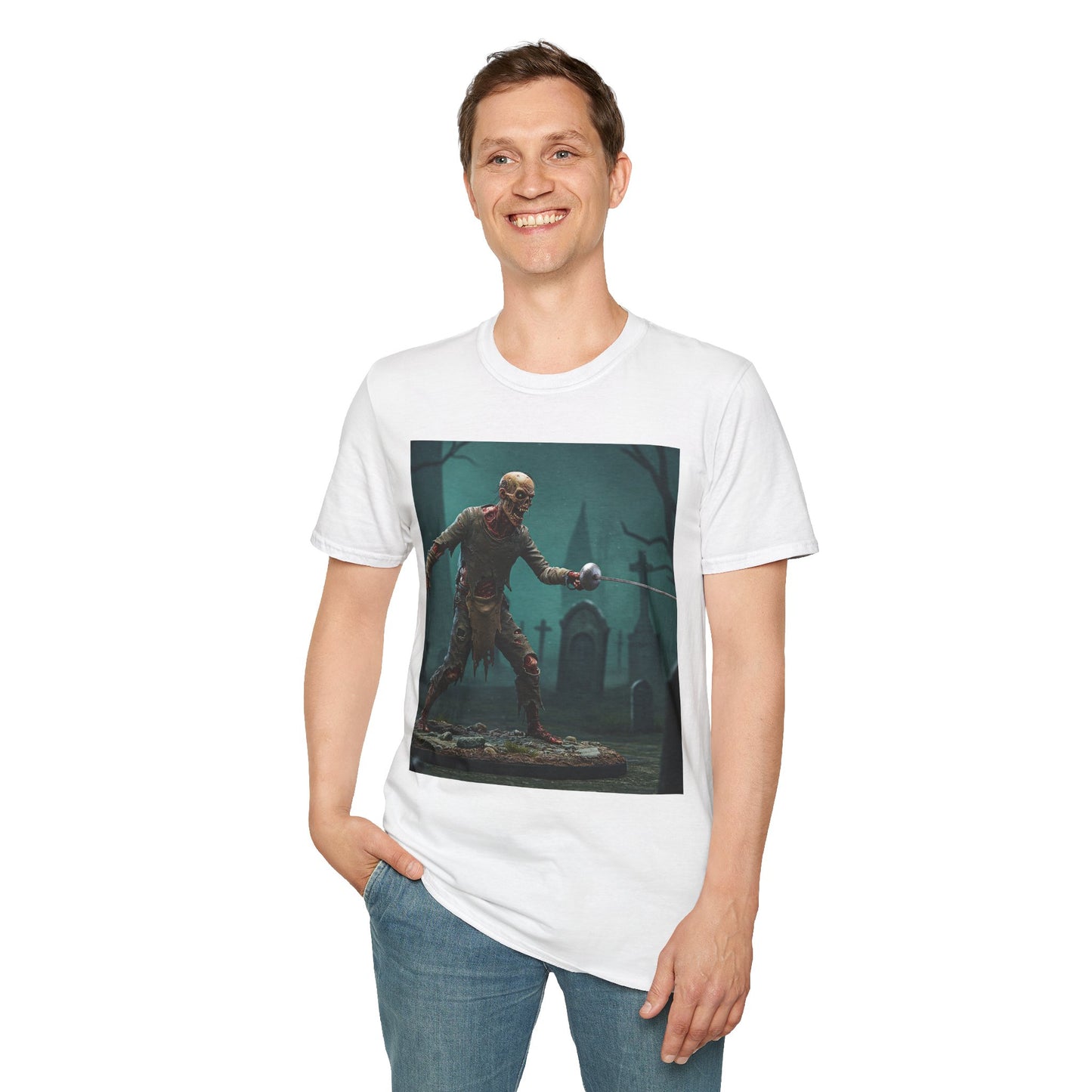 Zombie Swordsman Unisex Softstyle T-Shirt - Perfect for Halloween & Horror Fans