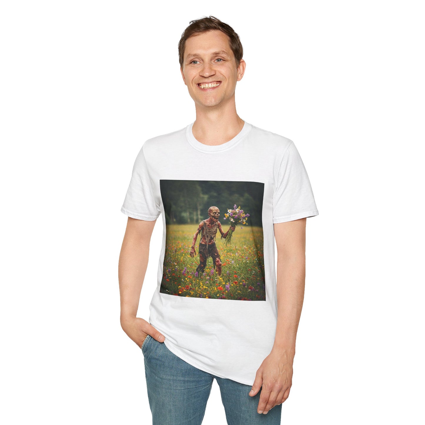 Zombie in Bloom Unisex Softstyle T-Shirt – Perfect for Halloween and Unique Gift Ideas