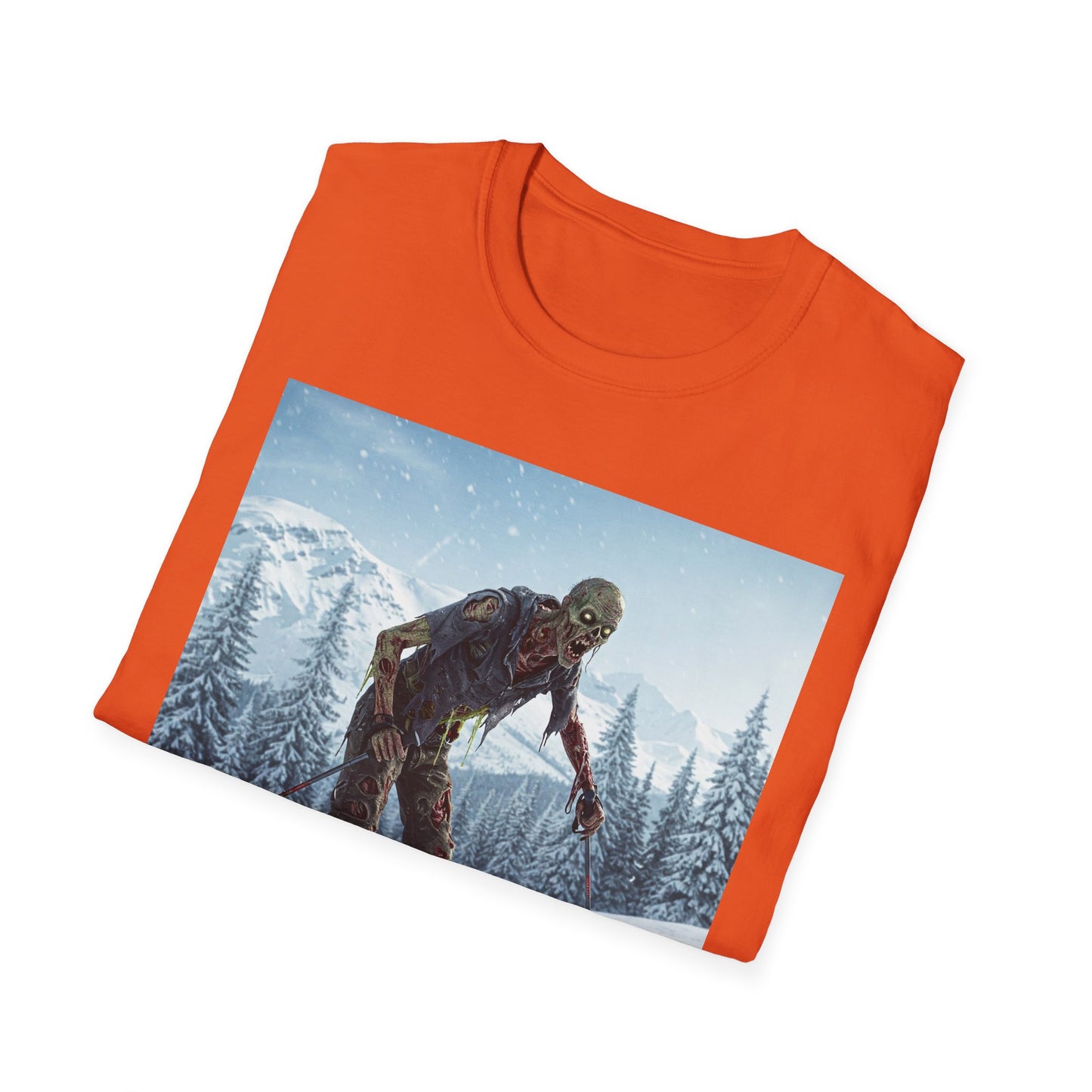 Skiing Zombie Unisex Softstyle T-Shirt - Perfect for Winter Fun & Halloween Enthusiasts