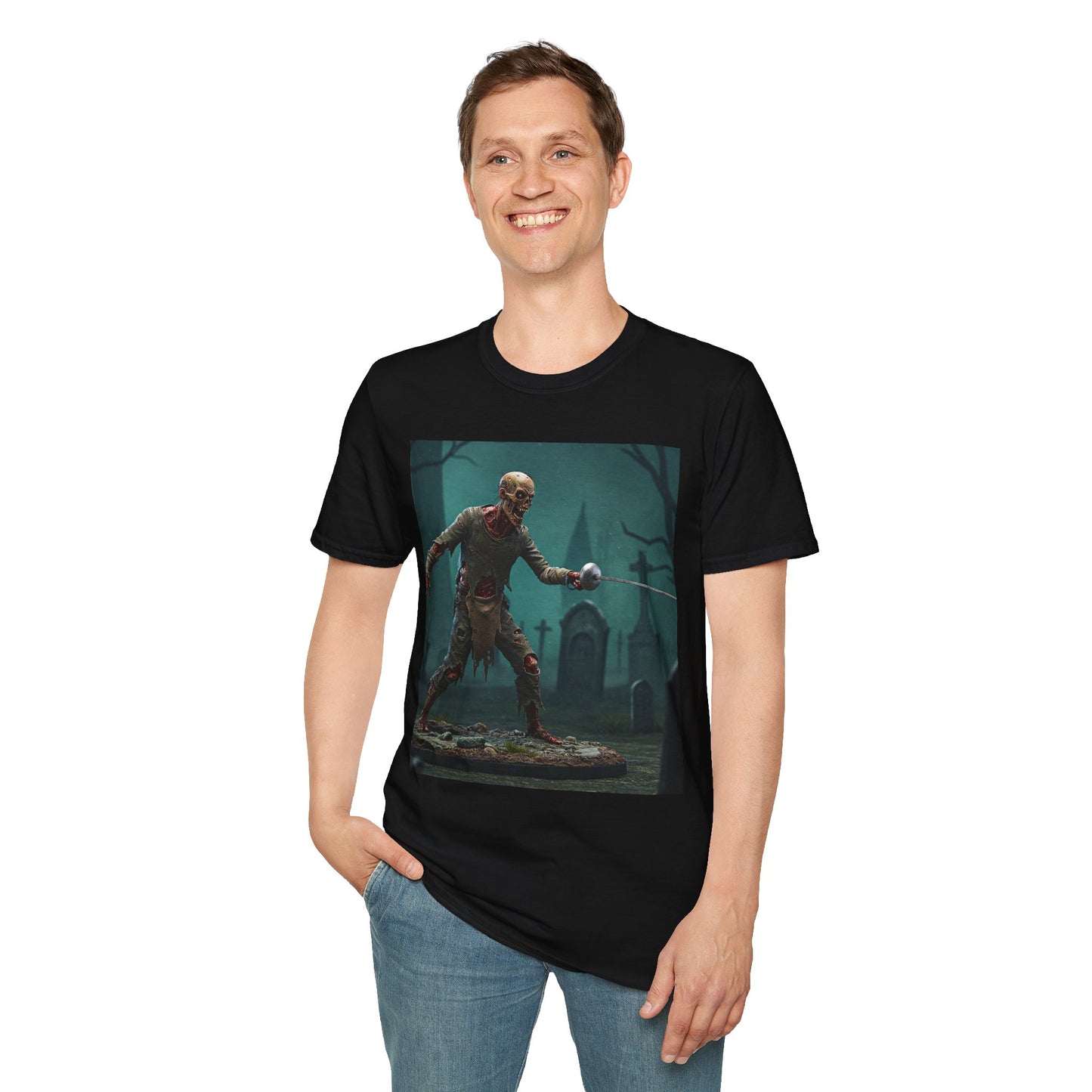 Zombie Swordsman Unisex Softstyle T-Shirt - Perfect for Halloween & Horror Fans