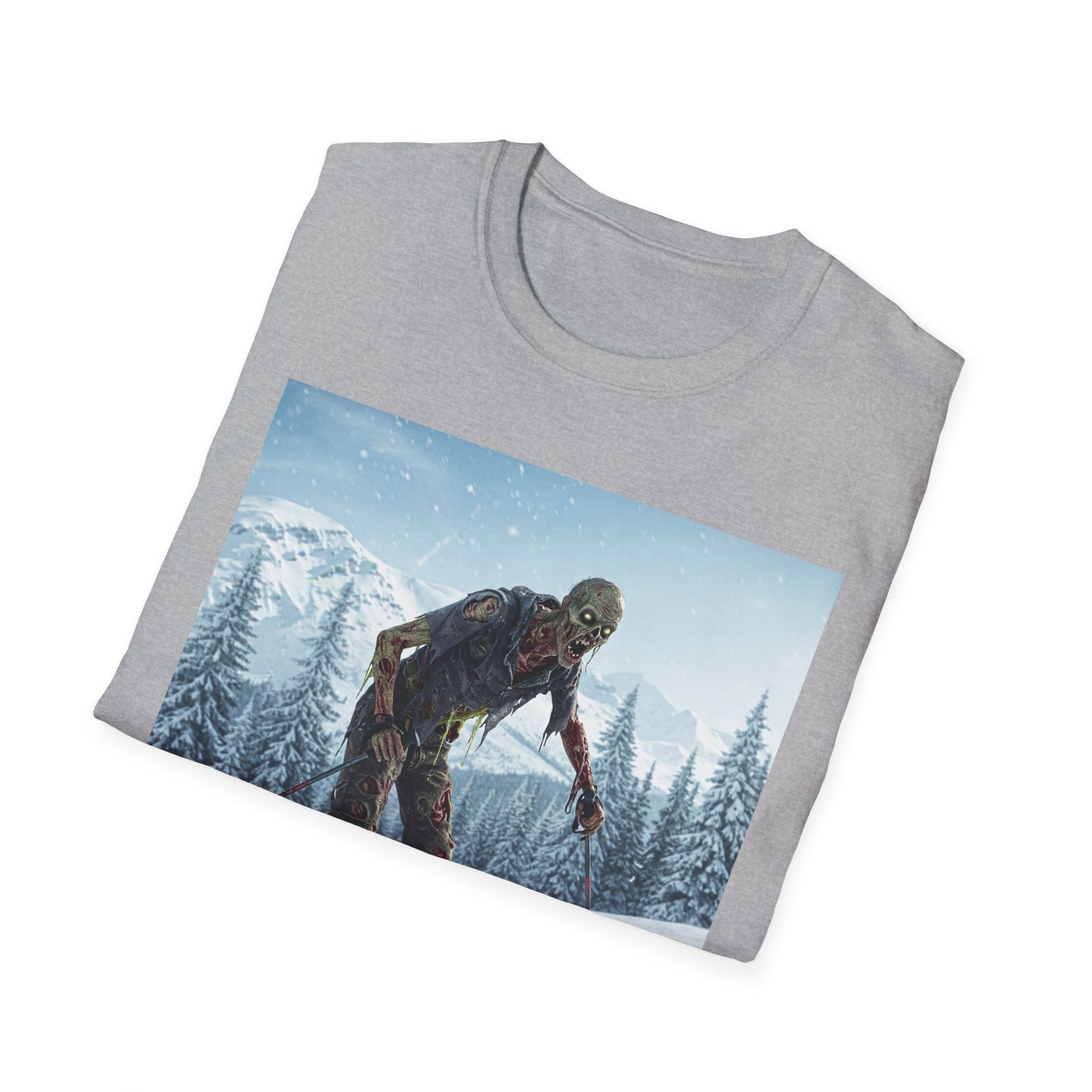 Skiing Zombie Unisex Softstyle T-Shirt - Perfect for Winter Fun & Halloween Enthusiasts