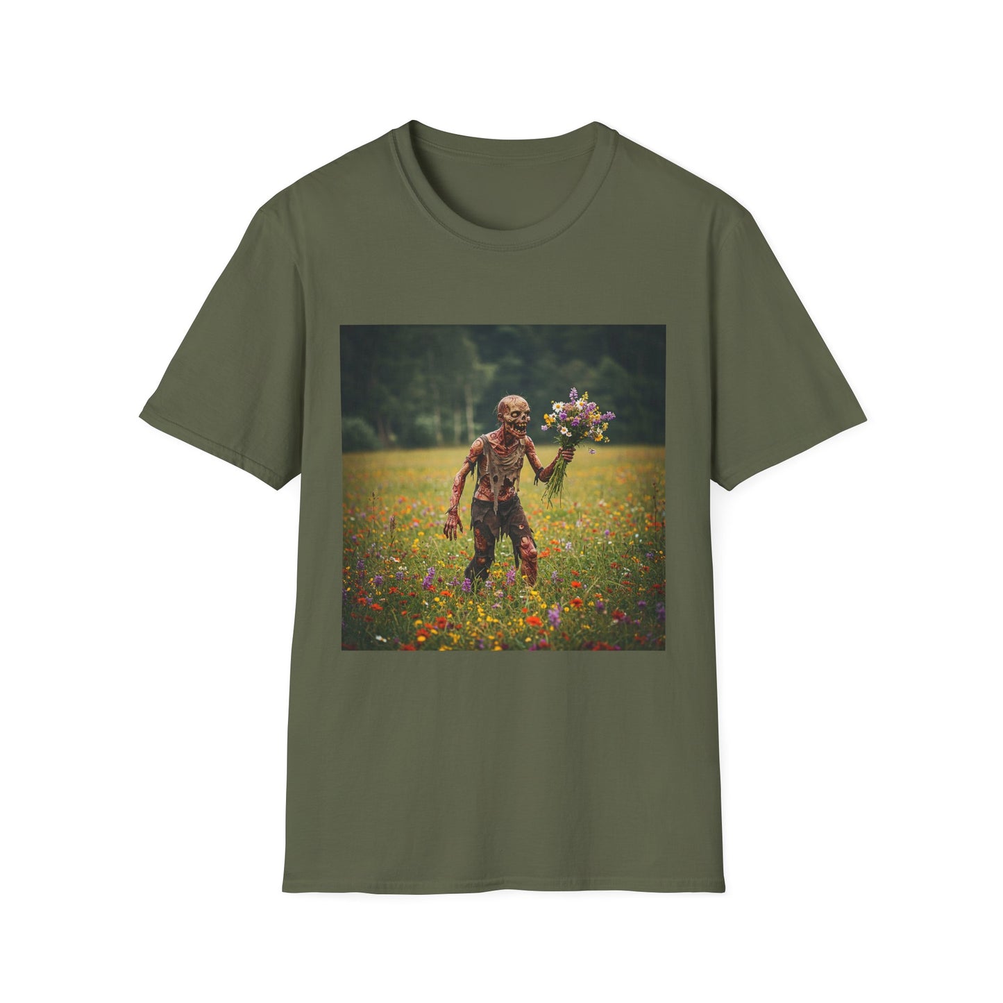 Zombie in Bloom Unisex Softstyle T-Shirt – Perfect for Halloween and Unique Gift Ideas