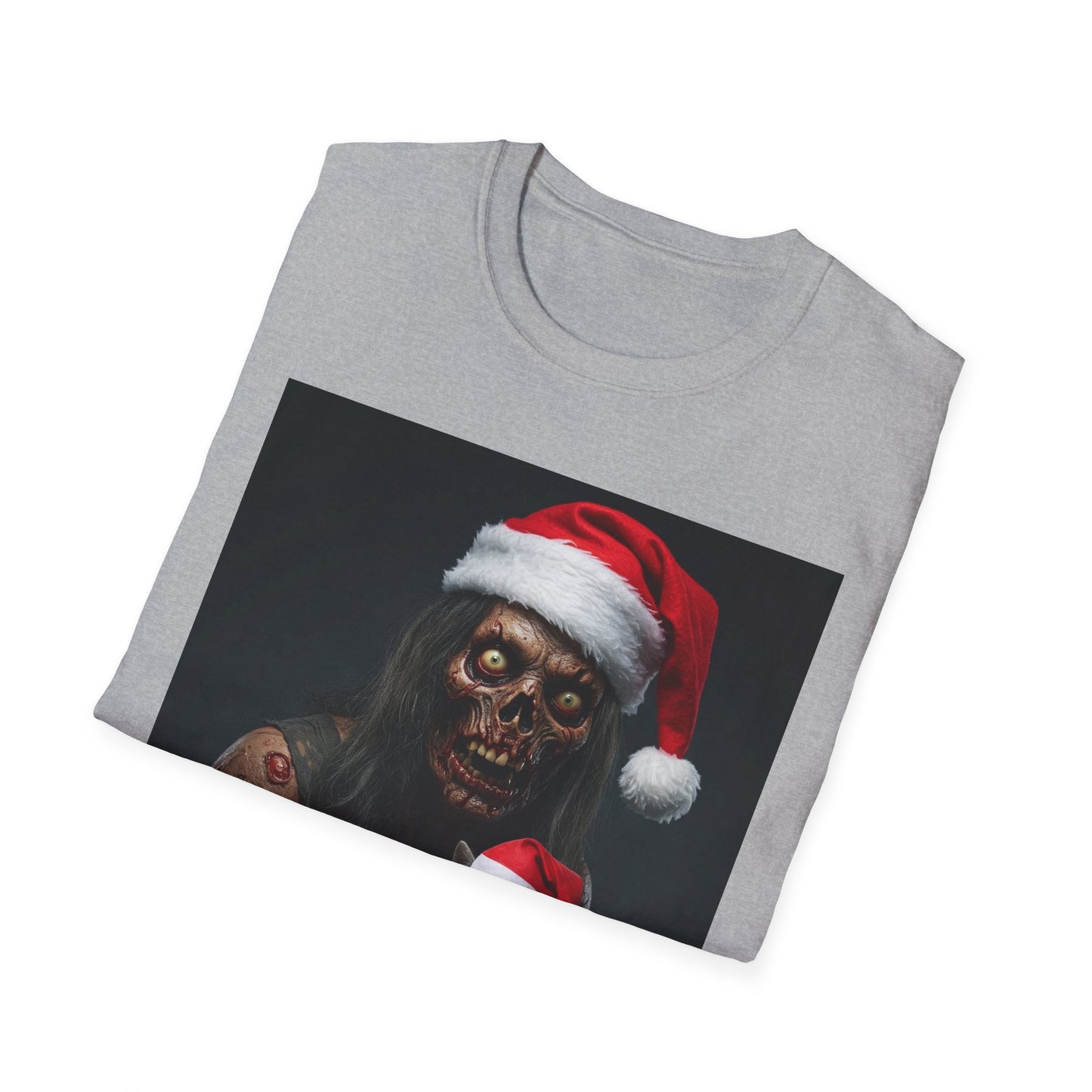 Festive Zombie and Cat Apocalyptic Portrait Tee, bold, decaying zombie graphic