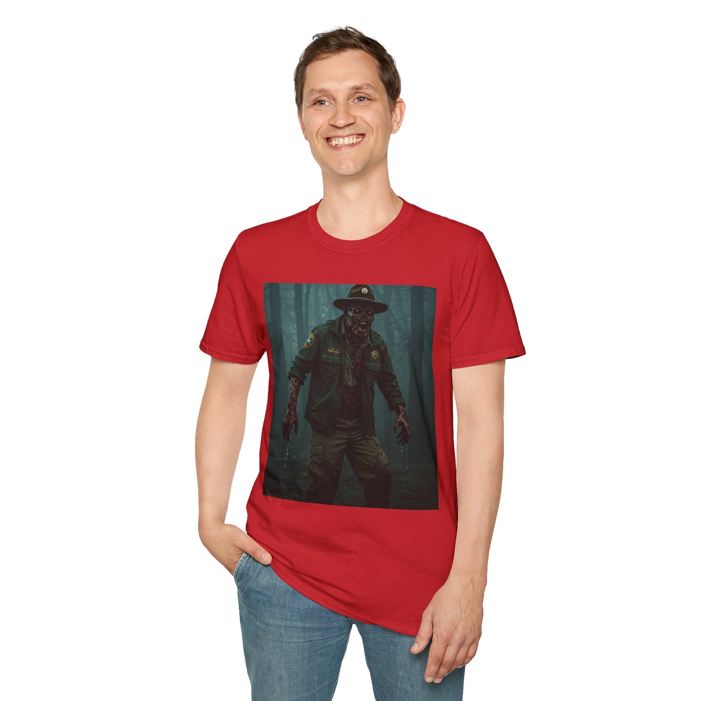 Creepy Forest Ranger Unisex Softstyle T-Shirt - Perfect for Halloween & Horror Fans