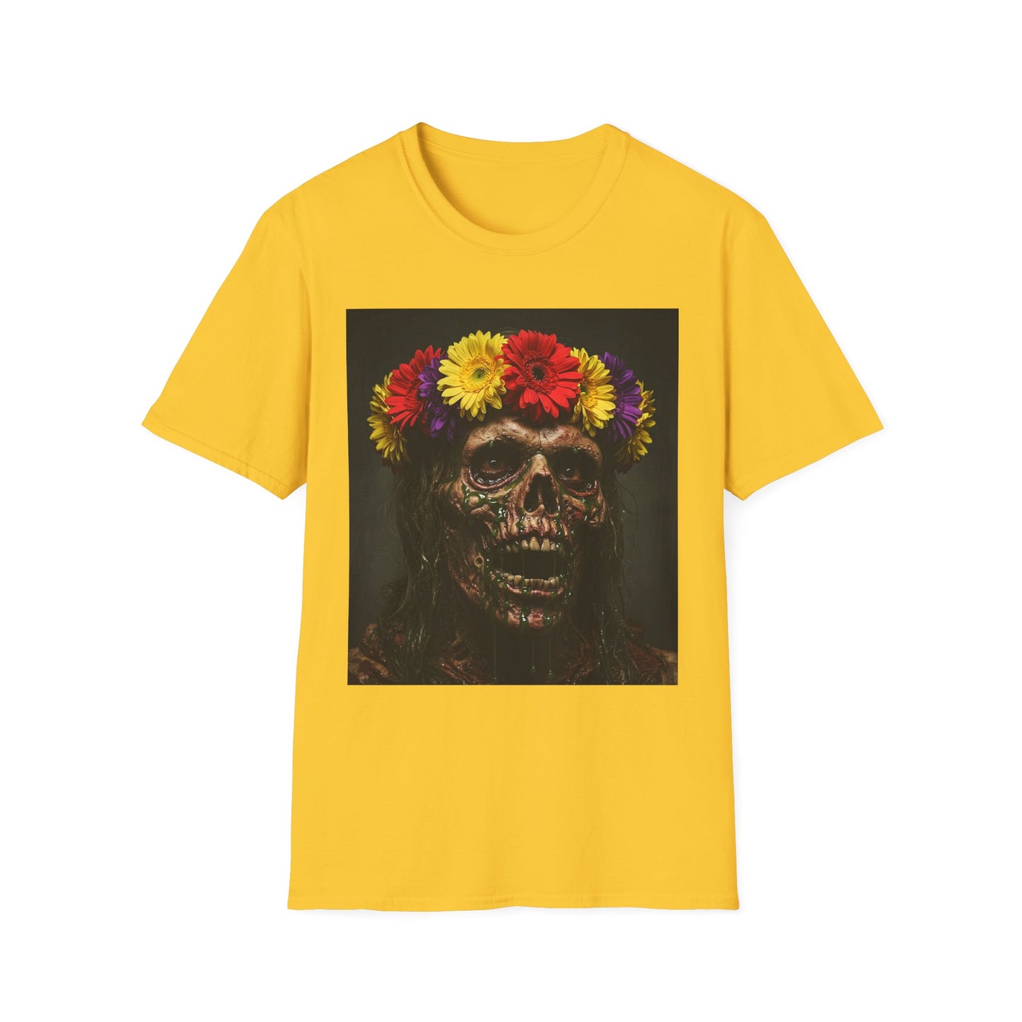 Day of the Dead Floral Skull Apocalyptic Portrait Tee, bold, decaying zombie graphic