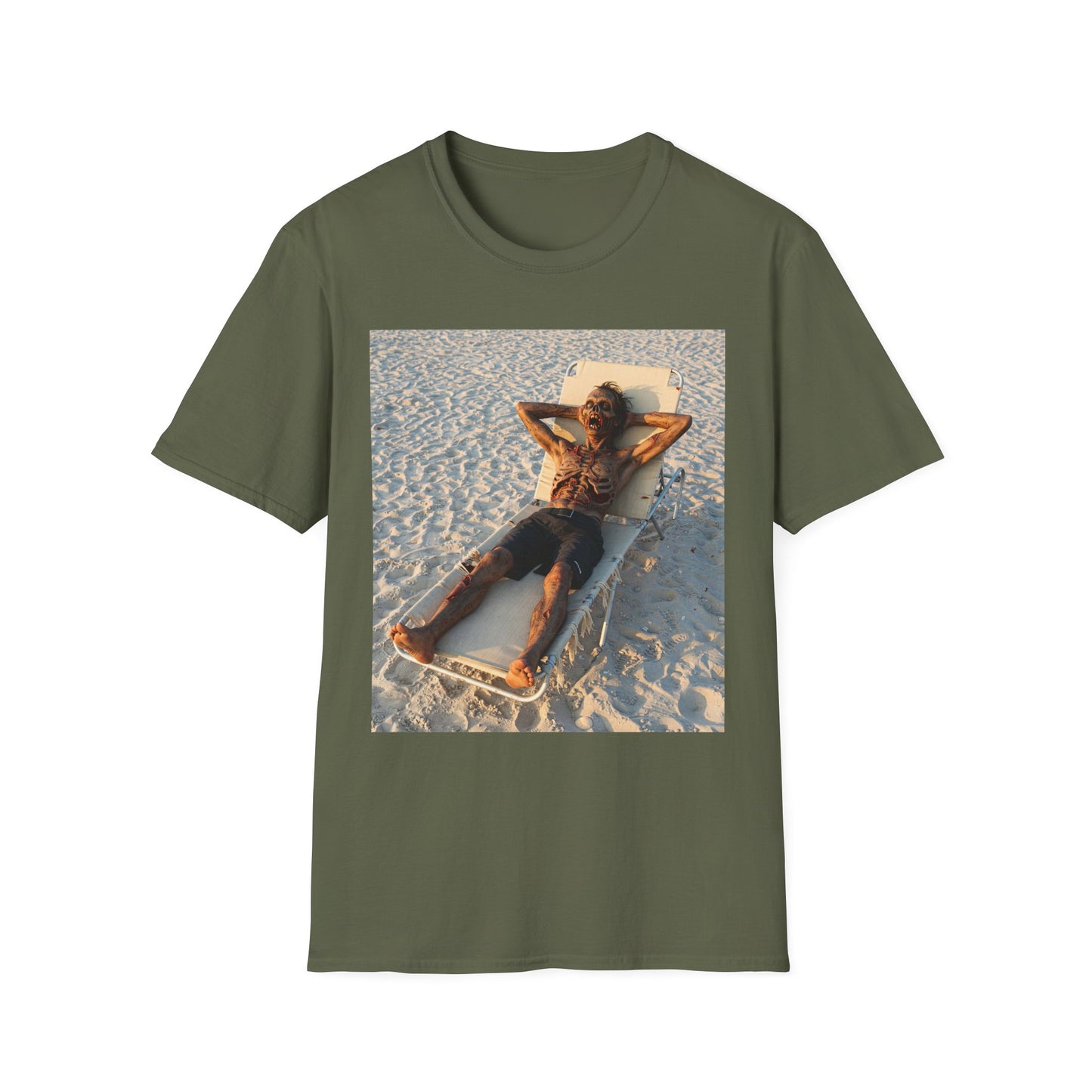 Relaxing Beach Apocalyptic Portrait Tee, bold, decaying zombie graphic