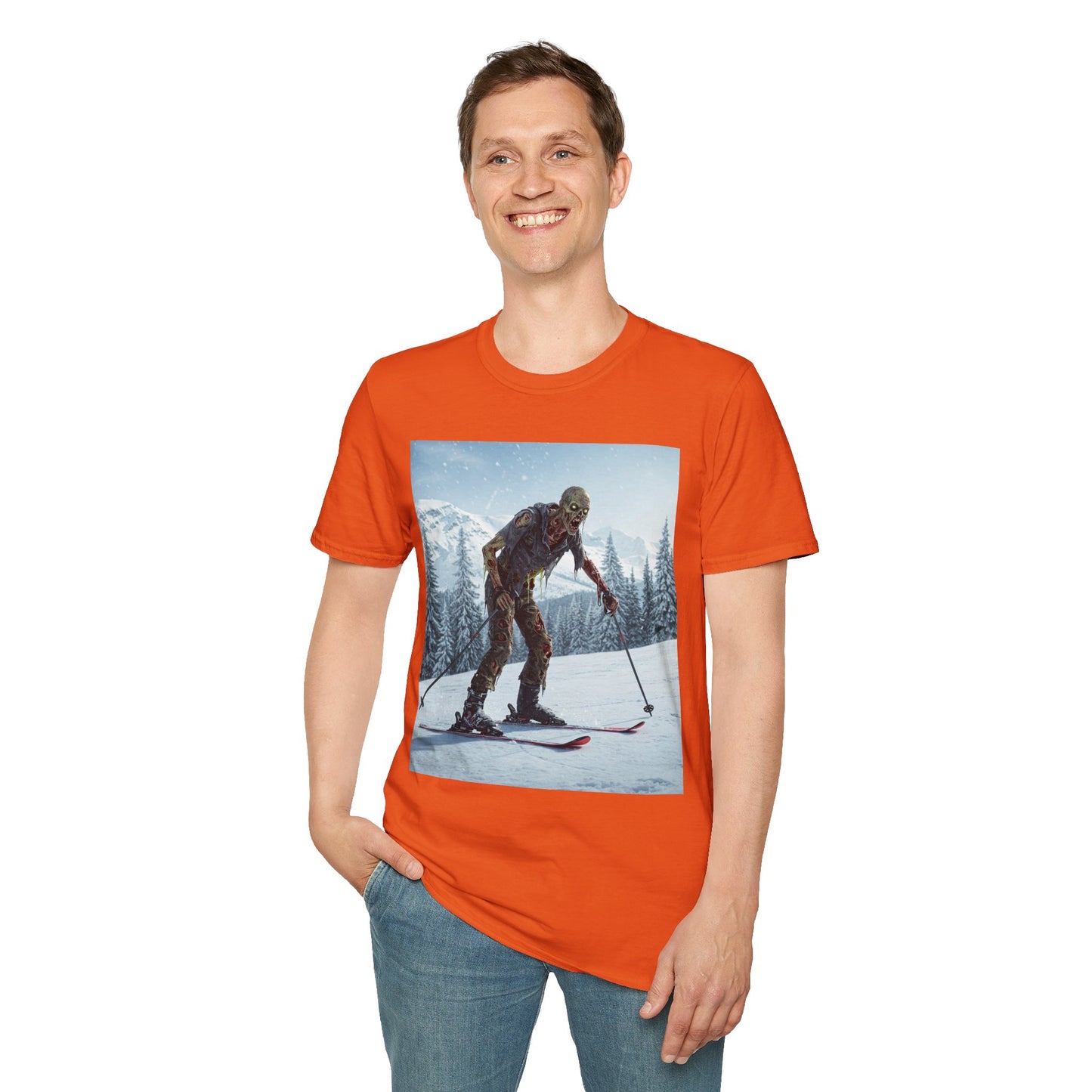 Skiing Zombie Unisex Softstyle T-Shirt - Perfect for Winter Fun & Halloween Enthusiasts