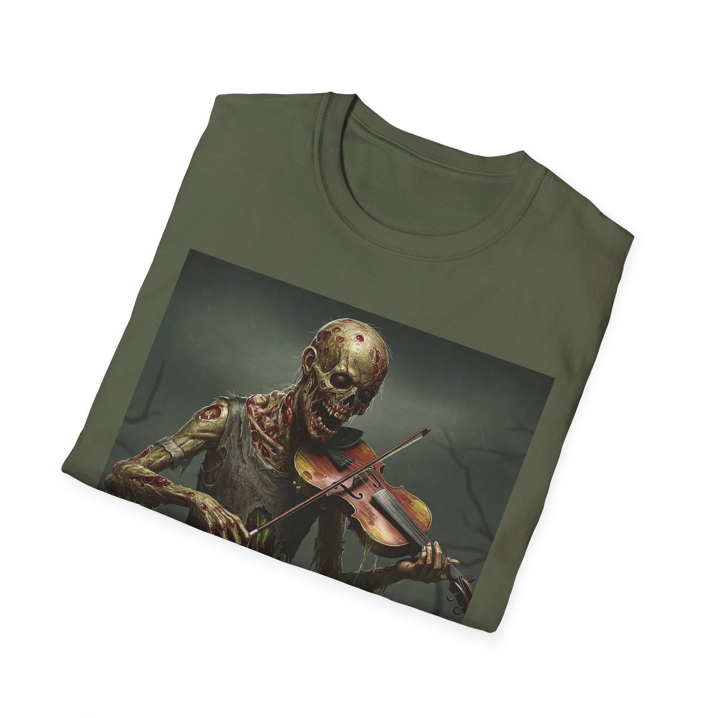 Spooky Zombie Violinist Apocalyptic Portrait Tee, bold, decaying zombie graphic