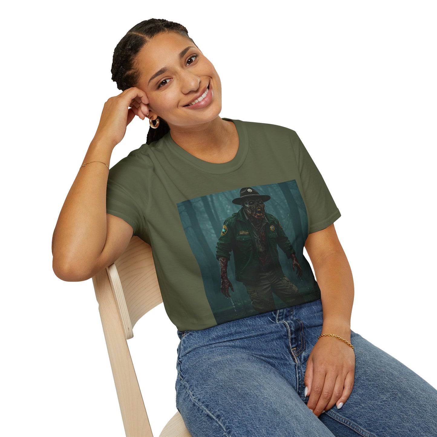 Creepy Forest Ranger Unisex Softstyle T-Shirt - Perfect for Halloween & Horror Fans