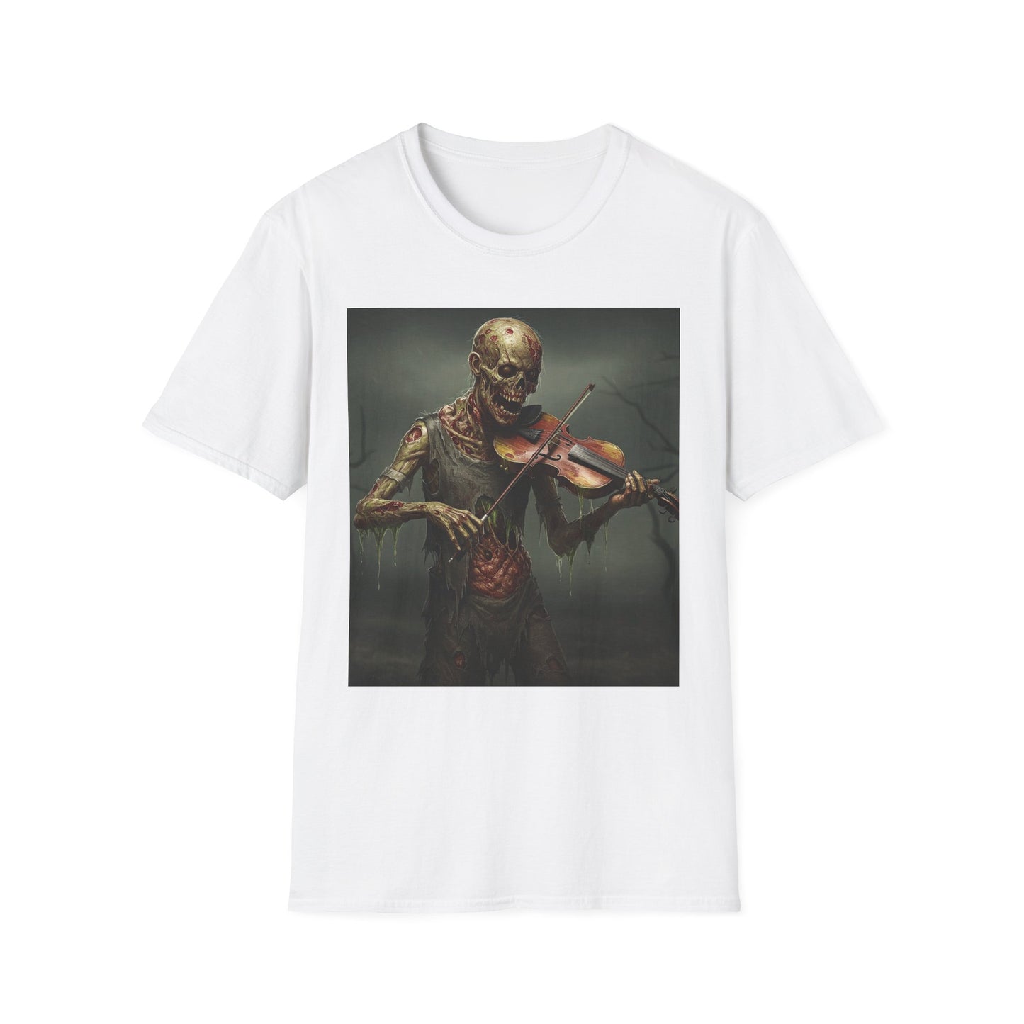 Spooky Zombie Violinist Apocalyptic Portrait Tee, bold, decaying zombie graphic